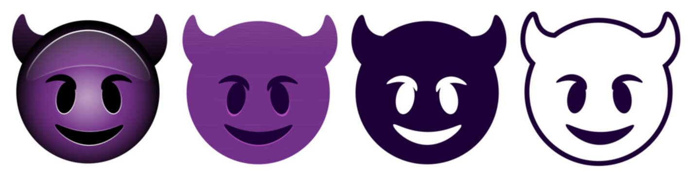 Evil Face with Horns. Smiling purple devil emoji, gloating demon emoticon and evil smile flat vector icons set