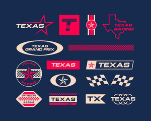 Set streetwear auto racing logo ideas for a clothing brand. Design vector typography for decals auto and t-shirt Texas, USA streetwear clothing y2k style.