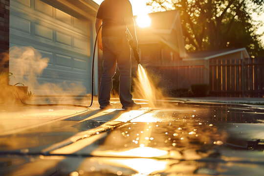 Man power washing concrete driveway with electric pressure washer in sunny suburban morning. Concept Home Maintenance, Pressure Washing, Driveway Cleaning, Outdoor Chores, Morning Routine AI - Powered by Adobe
