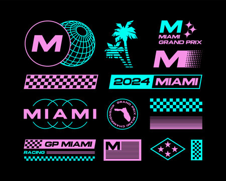 Set streetwear auto racing logo ideas for a clothing brand. Design vector typography for decals auto and t-shirt Miami, USA streetwear clothing y2k style.
