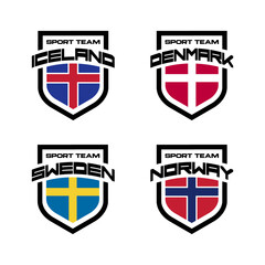 Vector set of sport logo with national teams. Football sings for tournament isolated on white background. Iceland, Denmark, Sweden, Norway.