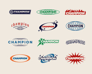 Set streetwear Champion logo ideas for a clothing brand. Design vector typography for t-shirt streetwear clothing y2k style.