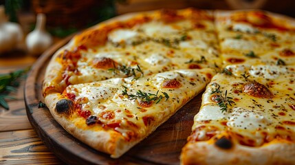 A pizza with cheese and herbs on a wooden plate.