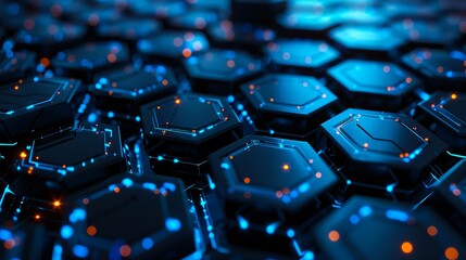 Obraz premium A blue background with hexagons and lights.