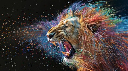 abstract, lion roaring in the style of shimmering colorful polymers, dark background, 16:9