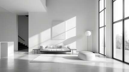 black and white minimalist interior, sleek furniture, natural light streaming through large...