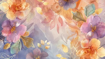 art deco floral wallpaper, seamless, watercolor, delicate floral patters, colorful with gold foil, 16:9