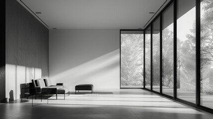black and white minimalist interior, sleek furniture, natural light streaming through large windows, copy and text space ,16:9