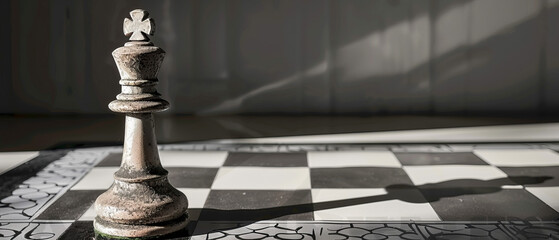 Award Winning national geographic Leading line, a single, weathered chess piece stands defiantly on a whimsical, ist chessboard, casting a long, dramatic shadow Muted, grayscale co - Powered by Adobe