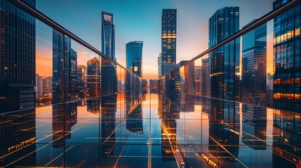 Obraz premium modern cityscape during twilight, glassy reflection, business district, 16:9