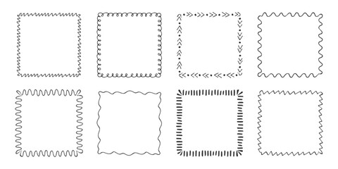 Square frames in doodle style set. Black line frame isolated on white. Contour sketch drawn border. Element for design
