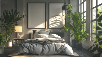 Bedroom With Bed, Plants, and Pictures