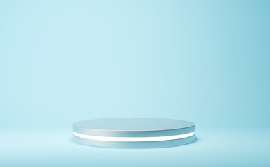 Empty metal podium for display product on blue background.