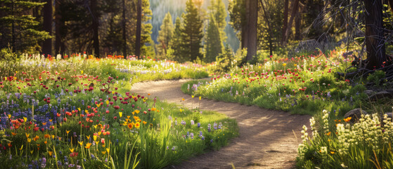 Award Winning national geographic Leading line, a winding forest path dappled with sunlight leads towards a clearing filled with vibrant wildflowers in bloom whimsical, background