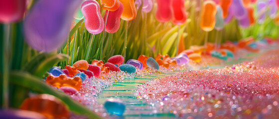 Award Winning national geographic Leading line, a winding jellybean path leads through a vibrant gummy bear meadow, with playful jellybean creatures peeking from behind sugar bloss