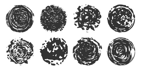 Brush ink drawn circles. Round shape blot set. Abstract texture blot for design. Black and white illustration. Circular frame for label, logo, stamp