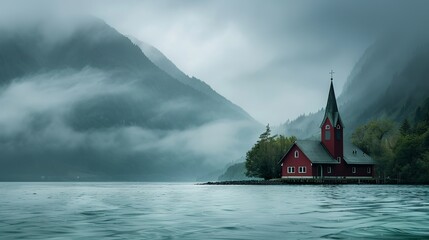 high quality shot of a red church sits on the edge of a lake in a stormy stormy sky