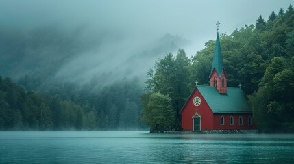 high quality shot of a red church sits on the edge of a lake in a stormy stormy sky