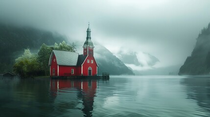 high quality shot of a red church sits on the edge of a lake in a stormy sky