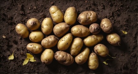 Raw potatoes from field on ground background. Top view flat lay.