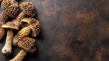 Top View of Fresh Morel Mushrooms on Dark Rustic Background, Organic and Natural Texture with Copyspace, Ideal for Culinary and Health Content, Perfect for Recipe Blogs and Food Photography