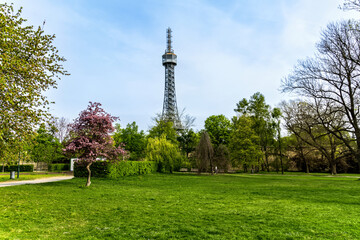 Prague, Czech Republic - April 14, 2023: Petrin observation tower in Prague located in a park among...