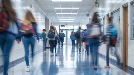 Fototapeta premium Group of People Walking Down a High School Hallway