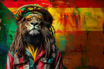 giant lion with dreadlocks and reggae rastafarian style colors on abstract background with copy space