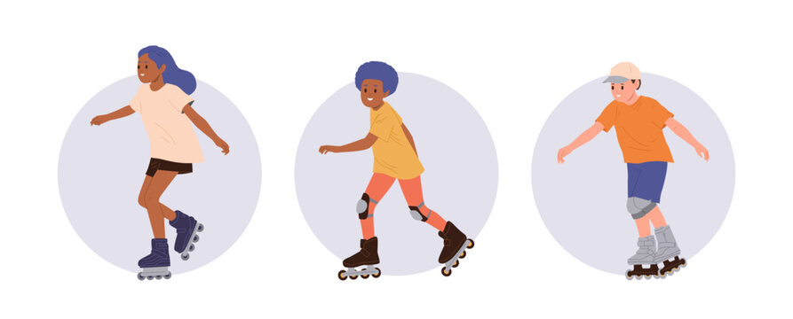Happy active children rollerblading enjoying freestyle riding isolated round composition set