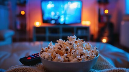Close up of bowl of popcorn and remote control with tv works on background. Evening cozy watching a movie or TV series at home. 