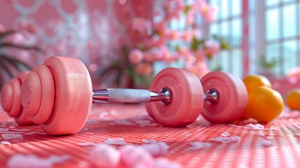 Pink dumbbells on a table with flowers.