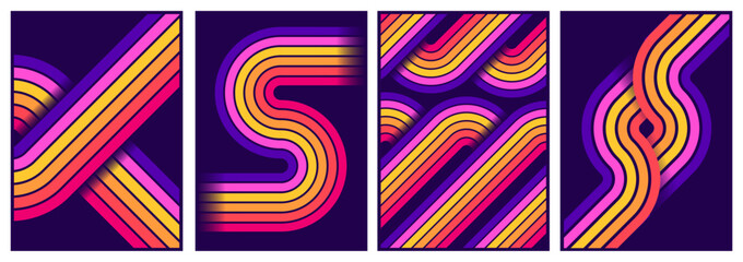 retrofuturism poster design in trend retro line style and neon colors on black dark background. modern art wall poster retro vintage 70s style stripes background template lines shapes vector design
