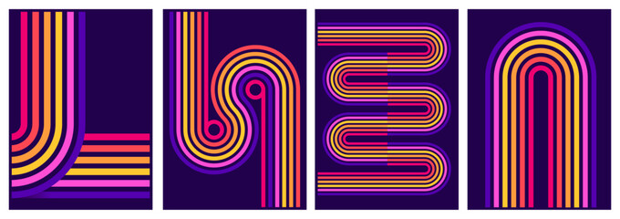 retrofuturism poster design in trend retro line style and neon colors on black dark background. modern art wall poster retro vintage 70s style stripes background template lines shapes vector design