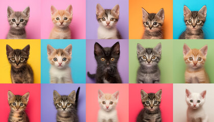 collage of various kittens on multicolored backgrounds