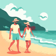 cartoon couple walking on the beach on a hot day 