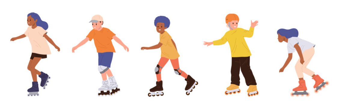 Happy active children cartoon characters riding roller-skates set isolated on white background