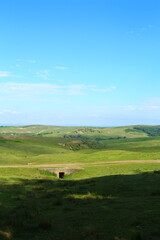 A field with a bridge and a blue sky with clouds