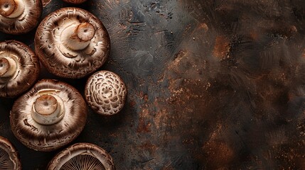 Top View of Fresh Portobello Mushrooms on Rustic Dark Background, Organic and Natural Texture with Copyspace, Perfect for Culinary and Health Content, Ideal for Recipe Blogs and Food Photography