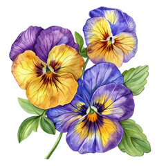 Watercolor painting of three purple and yellow flowers with green leaves on transparent background.