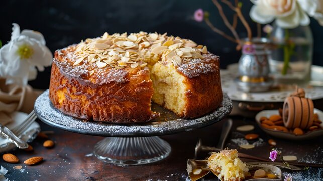 A cake with almonds and a slice of cake.