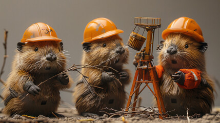 Award Winning National Geographic Minimal style, 3D beavers in construction gear, one operating a tiny crane to move twigs, plain engineering grey background, left in frame These h