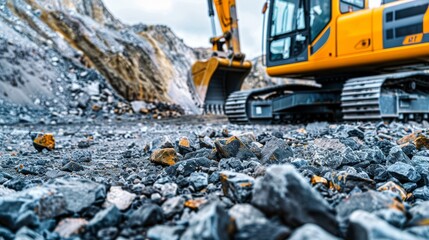 Heavy mining excavator, close-up, against the background of rock stone crushing equipment and