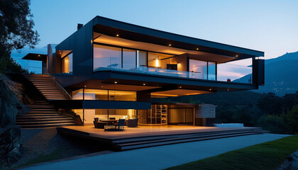 A striking modern home with a cantilevered design, set on a hillside with panoramic views and bold