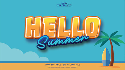 Bright summer-themed typography saying Hello Summer with surfboards and a palm tree, set against a blue background