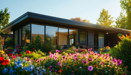 A contemporary suburban house with a flat roof, large windows, and a vibrant garden filled 