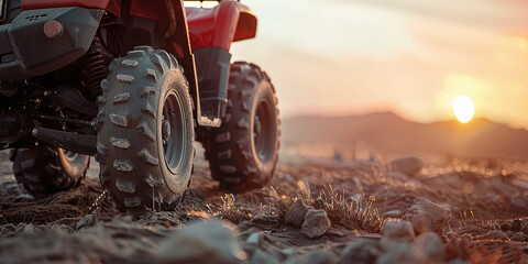 a powerful ATV against the backdrop of off-road natural terrain. concept of extreme summer holiday, quad bike rides