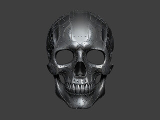 Fototapeta premium A haunting metallic skull. For dark fantasy, gothic, or horror themes. Black mechanical skull on a black background. For steampunk, bikers symbol, gothic concepts, or death imagery.
