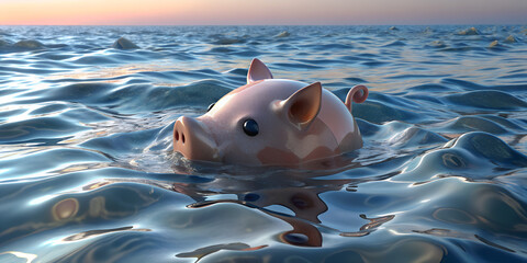 Piggy Bank Floating on Ocean Waves - symbolizing financial uncertainty, savings amidst challenges