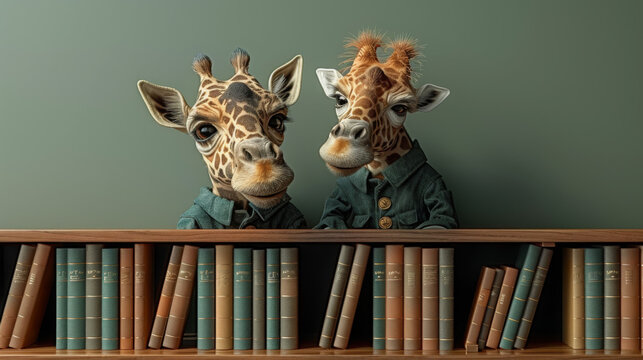 Award Winning National Geographic Minimal style, 3D giraffes in library attire, one peeking over a bookshelf, plain sage green background, left in frame These intellectual giraffes