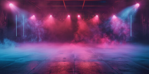 Neon spotlights illuminate the smoky, concrete-floored stadium arena, creating the setting for...